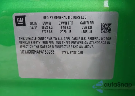 2015 Chevrolet Sonic Lt Auto z USA, uszkodzony, nr VIN 1G1JC6SH4F4150933